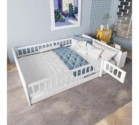 Naptly Montessori Lit de sol en bois solide avec espace de rangement, lit d'enfant sans vacillement avec protection anti-chute et porte, parc sûr, pour bébés et enfants pour jouer et dormir, blanc