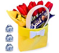 NARAMAKI® Idées cadeaux Journée de la femme 2025 - 8 mars - Sac jaune avec poignées 15 x 14 cm + 37,5 g Bag Baci Perugina + Bouquet de tulipes colorées + branche de Mimosa