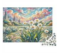 Narcisse Papier Fleurs Blanches avec château lointain Puzzle Anti-Ennui Cadeau de Collection 70x50cm/1000 pièces
