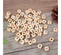 Naroote Perles Carrées en Bois avec Lettres de L'alphabet, Fournitures Créatives pour la Fabrication de Bijoux, Boucles D'oreilles, Colliers et Bracelets, 100 Pièces, 10x10mm, Couleur Naturelle