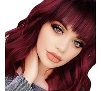 Naroote Perruque Bob Synthétique Ondulée Rouge Vin Court avec Frange pour Fête, Cheveux Bouclés Doux et Réalistes 12,6 Pouces