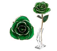 Naroote Rose Verte éternelle Durable, Véritable Fleur Artificielle Dorée 24K avec Base pour Décoration de Mariage
