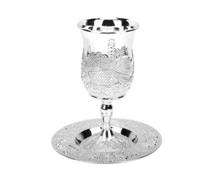 Naroote Tasse de Kiddouch, élégante Tasse à Vin et Assiette en Alliage de Zinc Fabriquées à la Main avec un Design Vintage, pour les Festivals de Mariage, les Réunions de Famille, les (Couleur Argent)