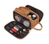 Naroote Trousse de Toilette pour Homme, Trousse de Voyage en Cuir PU avec Rangement Multicouche et Poignée Portable, Idéale pour Les Voyages, Le Camping et Les Vacances (Brun Clair)