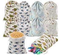 NAROSEBE 12 Pcs Sacs en Coton avec Cordon, Pochette Tissu 31x25cm, Sachets en Jute Lavable, Sac en Toile de Jute Imprimé 4 Motifs, Sac Réutilisable en Tissu Respirant, pour Cadeau Bijoux Légume Voyage