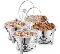 NArra Lot de 4 Plats à réchaud pour Buffet, 7.5 L Couvercle Rond en Verre, en Acier Inoxydable, Cadre épais avec couvercles en Miroir, Chauffe-Plats pour fêtes, Mariages, Pique-niques
