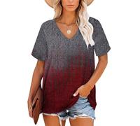 NARRAME Hauts pour Femme T-Shirts Tunique d'été à Manches Courtes Hauts Col en V pour Femme Dégradé de Gris vers Rouge ombré Petit S 34-36