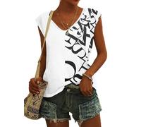 NARRAME T-Shirt à Manches Courtes et col en V pour Femme - Chemisier d'été léger et décontracté À Fleurs Lettre Blanche Petit S 34-36