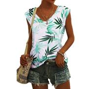 NARRAME T-Shirt à Manches Courtes et col en V pour Femme - Chemisier d'été léger et décontracté À Fleurs Feuilles Vertes Blanches Petit S 34-36