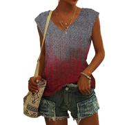 NARRAME T-Shirt à Manches Courtes et col en V pour Femme - Chemisier d'été léger et décontracté Dégradé de Gris vers Rouge ombré Petit S 34-36