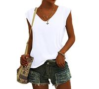 NARRAME T-Shirt à Manches Courtes et col en V pour Femme - Chemisier d'été léger et décontracté Uni Blanc Petit S 34-36