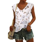 NARRAME T-Shirt à Manches Courtes pour Femme - Débardeur d'été - Haut Ample - Col en V À Fleurs Blanc XX-Large 2XL 50-52