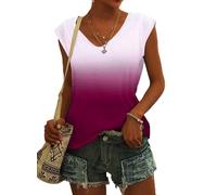 NARRAME T-Shirt à Manches Courtes pour Femme - Débardeur d'été - Haut Ample - Col en V Dégradé de Blanc vers Violet ombré XX-Large 2XL 50-52