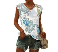 NARRAME T-Shirt à Manches Courtes pour Femme - Débardeur d'été - Haut Ample - Col en V Paisley À Fleurs bohème Blanc XX-Large 2XL 50-52