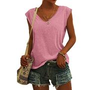 NARRAME T-Shirt à Manches Courtes pour Femme - Débardeur d'été - Haut Ample - Col en V Uni Rose foncé XX-Large 2XL 50-52