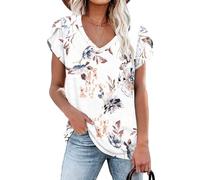 NARRAME T-Shirt d'été à Manches Courtes et col en V pour Femme À Fleurs Blanc Moyen M 38-40