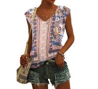NARRAME T-Shirt d'été à Manches Courtes et col en V pour Femme - Débardeur léger et décontracté À Fleurs bohème Rose Grand L 42-44