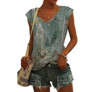 NARRAME T-Shirt d'été à Manches Courtes et col en V pour Femme - Débardeur léger et décontracté À Fleurs Vert Rose Grand L 42-44