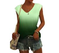 NARRAME T-Shirt d'été à Manches Courtes et col en V pour Femme - Débardeur léger et décontracté Dégradé de Blanc vers Vert ombré Grand L 42-44