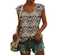 NARRAME T-Shirt d'été à Manches Courtes et col en V pour Femme - Débardeur léger et décontracté Paisley À Fleurs bohème Noir Grand L 42-44