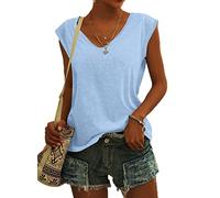 NARRAME T-Shirt d'été à Manches Courtes et col en V pour Femme - Débardeur léger et décontracté Uni Bleu Clair Grand L 42-44