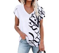 NARRAME T-Shirt d'été décontracté à Manches pétales et col en V pour Femme À Fleurs Lettre Blanche XX-Large 2XL 50-52