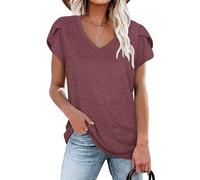 NARRAME T-Shirt d'été décontracté à Manches pétales et col en V pour Femme Grande Uni Bordeaux «XXX-Large» 3XL 54-56