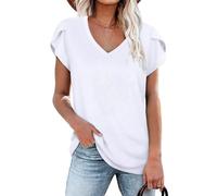 NARRAME T-Shirt d'été décontracté à Manches pétales et col en V pour Femme Uni Blanc XX-Large 2XL 50-52