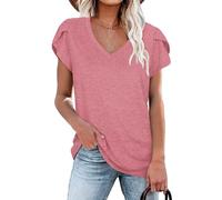 NARRAME T-Shirt d'été décontracté à Manches pétales et col en V pour Femme Uni Rose foncé XX-Large 2XL 50-52