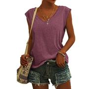 NARRAME T-Shirt d'été pour Femme avec col en V, Coupe Ample, Chemisiers d'été à Manches Courtes et aérés Uni Bordeaux Moyen M 38-40