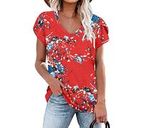NARRAME T-Shirt d'été pour Femme, Haut à Manches Courtes, col en V pour Femme À Fleurs Bleu Rouge Petit S 34-36