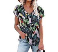 NARRAME T-Shirt d'été pour Femme, Haut à Manches Courtes, col en V pour Femme À Fleurs Vert Feuilles de bananier Petit S 34-36