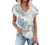 NARRAME T-Shirt d'été pour Femme, Haut à Manches Courtes, col en V pour Femme Paisley À Fleurs bohème Blanc Petit S 34-36