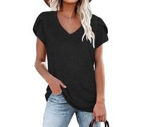 NARRAME T-Shirt d'été pour Femme, Haut à Manches Courtes, col en V pour Femme Uni Noir Petit S 34-36