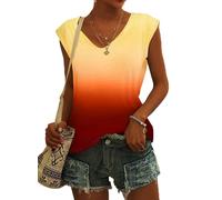 NARRAME T-Shirt Oversize à Manches Courtes pour Femme - Débardeur d'été - Haut Ample - Col en V Grande Dégradé de Jaune vers Orange ombré XXX-Large 3XL 54-56