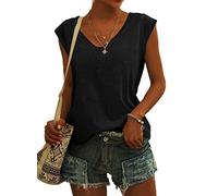 NARRAME T-Shirt Oversize à Manches Courtes pour Femme - Débardeur d'été - Haut Ample - Col en V Grande Taille Uni Noir XXX-Large 3XL 54-56