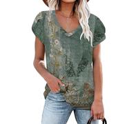 NARRAME t-Shirts pour Femmes, Manches Courtes d'été, Hauts à col en v pour Femmes À Fleurs Vert Rose Grand L 42-44