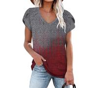 NARRAME t-Shirts pour Femmes, Manches Courtes d'été, Hauts à col en v pour Femmes Dégradé de Gris vers Rouge ombré Grand L 42-44