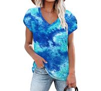 NARRAME t-Shirts pour Femmes, Manches Courtes d'été, Hauts à col en v pour Femmes Tie Dye Bleu Vert Grand L 42-44