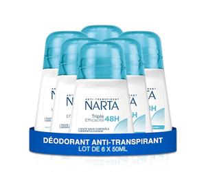 NARTA - Déodorant Femme - Triple Efficacité Anti-Transpirant Bille 48h - lot de 6x50ml