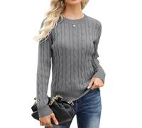 NARUPE Pull à manches longues et col rond pour femme, coupe classique, coupe ajustée, en tricot torsadé léger et décontracté, gris foncé, M