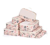Narwey 7 Pièces Organisateur Valise, Pochette Rangement Valise Organisateur Compartiment, Organisateurs de Voyage, Packing Cubes, Cube de Rangement, Organiseurs de Bagage (Flamant Rose Beige)