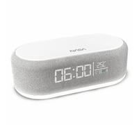 NASA SPC400 Réveil Bluetooth 5.0 avec Enceintes Stéréo 2×5W RMS, Charge sans Fil 15W, Double Alarme, Veilleuse LED 3 Modes, Écran LED, Batterie 1200mAh, USB-C, Design Moderne ABS Blanc & Tissu Gris