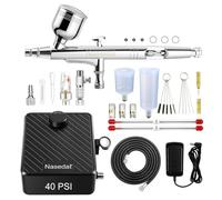 Nasedal Aerographe Kit Complet avec 40PSI Compresseur d'air auto-stop, Double Action Modeling Paint Gun, Buses 0,2/0,3/0,5 mm,pour Nail, Peinture, Aérographe Modelisme, Tatouage, Maquillage, Gâteaux