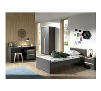 NASH DARK - Lit 90x200cm + Chevet + Armoire 2P + Bureau + Caisson - Altobuy Gris