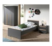 NASH DARK - Lit 90x200cm + Chevet + Armoire 3 Portes - Altobuy Gris