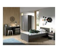 NASH DARK - Lit 90x200cm + Chevet + Armoire 3P + Bureau + Caisson -