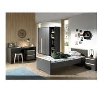 NASH DARK - Lit 90x200cm + Chevet + Armoire 3P + Pack Bureau - Altobuy Gris