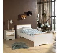 NASH WHITE - Pack Lit 90x200cm + Chevet 2 Tiroirs Blancs et Bois -