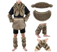 NASSMOSSE 4 pièces/Ensemble Costume Viking pour Hommes, Costume de Barbare Chaud en Fausse Fourrure Comprenant Une Jupe à la Taille, Un Brassard, Une Cape châle, des Couvre-Bottes pour fête Cosplay